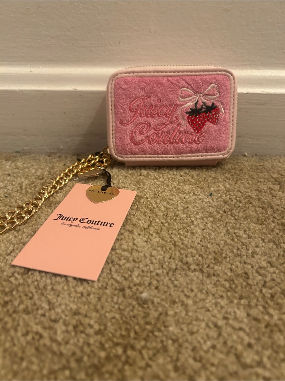 Juicy Couture Pink Strawberry Embroidered Coin Pouch with Gold Chain